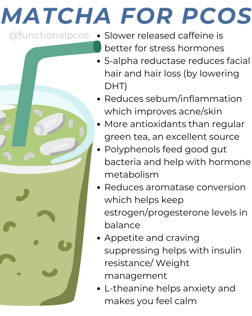 graphic describing matcha benefits for pcos hormone balance